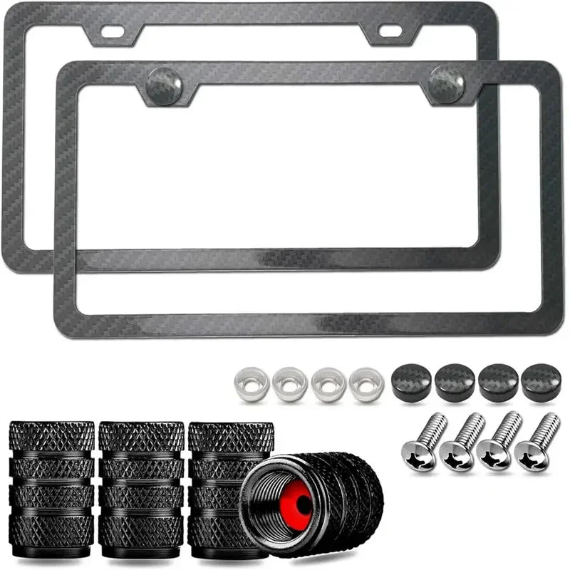 Black Carbon Fiber Pattern Plastic License Plate Frame Fiber Black Aluminum Metal Car Tag Holder Tire Screw Cap Universal Amagi