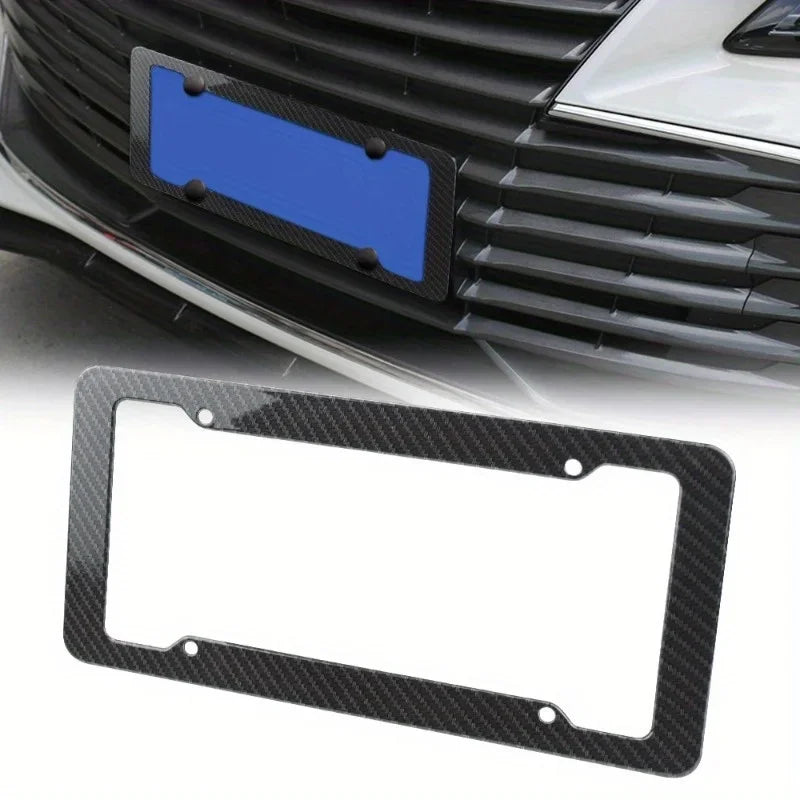 Black Carbon Fiber Pattern Plastic License Plate Frame Fiber Black Aluminum Metal Car Tag Holder Tire Screw Cap Universal Amagi