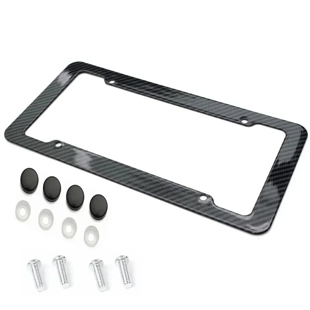 Black Carbon Fiber Pattern Plastic License Plate Frame Fiber Black Aluminum Metal Car Tag Holder Tire Screw Cap Universal Amagi