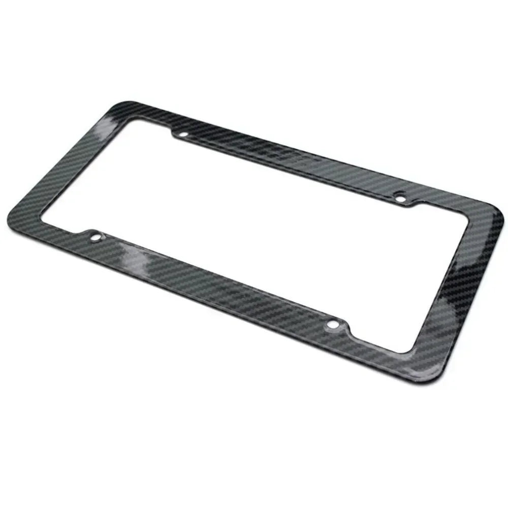 Black Carbon Fiber Pattern Plastic License Plate Frame Fiber Black Aluminum Metal Car Tag Holder Tire Screw Cap Universal Amagi