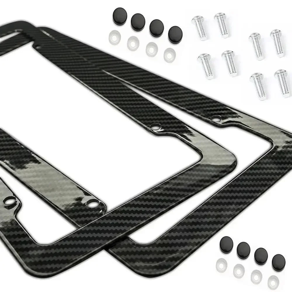 Black Carbon Fiber Pattern Plastic License Plate Frame Fiber Black Aluminum Metal Car Tag Holder Tire Screw Cap Universal Amagi