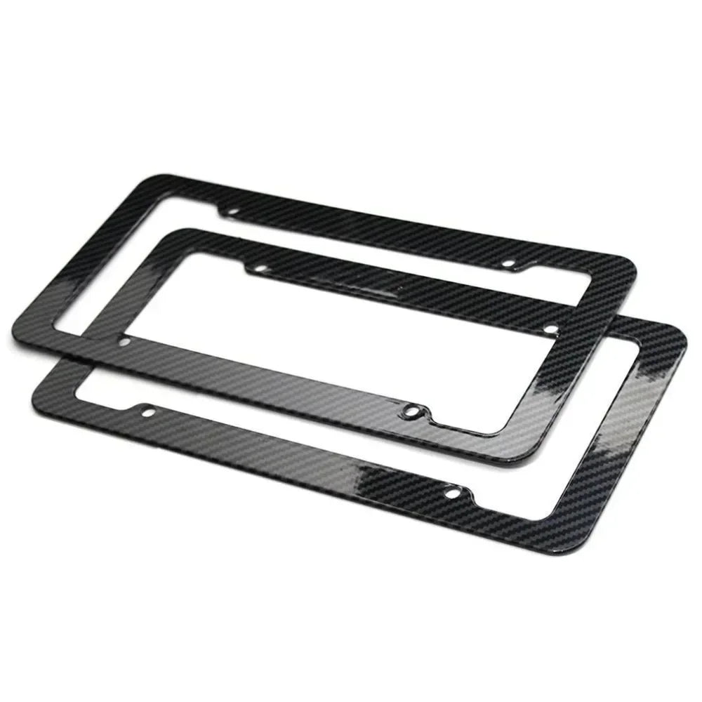 Black Carbon Fiber Pattern Plastic License Plate Frame Fiber Black Aluminum Metal Car Tag Holder Tire Screw Cap Universal Amagi