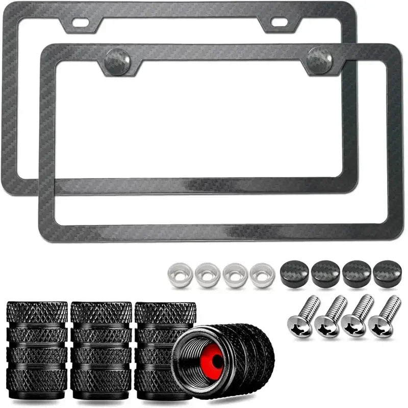 Black Carbon Fiber Pattern Plastic License Plate Frame Fiber Black Aluminum Metal Car Tag Holder Tire Screw Cap Universal Amagi