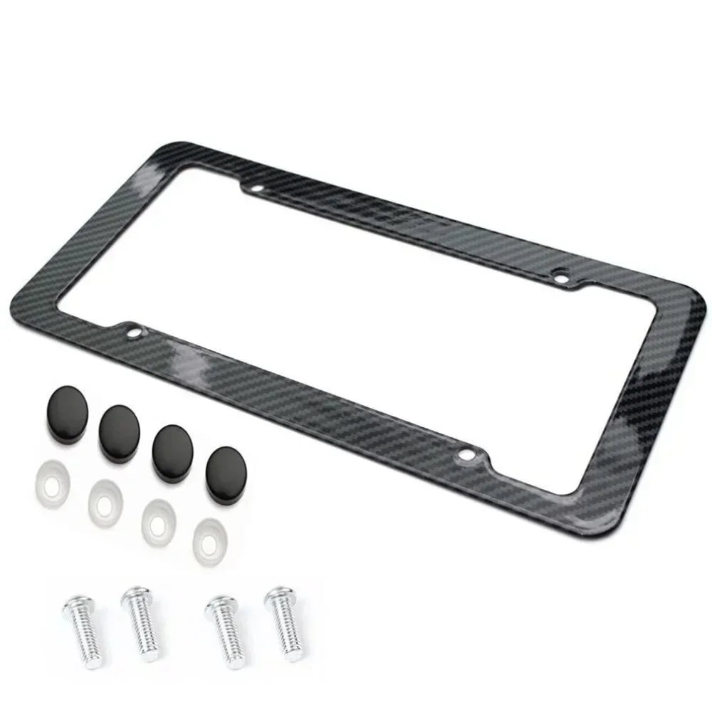 Black Carbon Fiber Pattern Plastic License Plate Frame Fiber Black Aluminum Metal Car Tag Holder Tire Screw Cap Universal Amagi