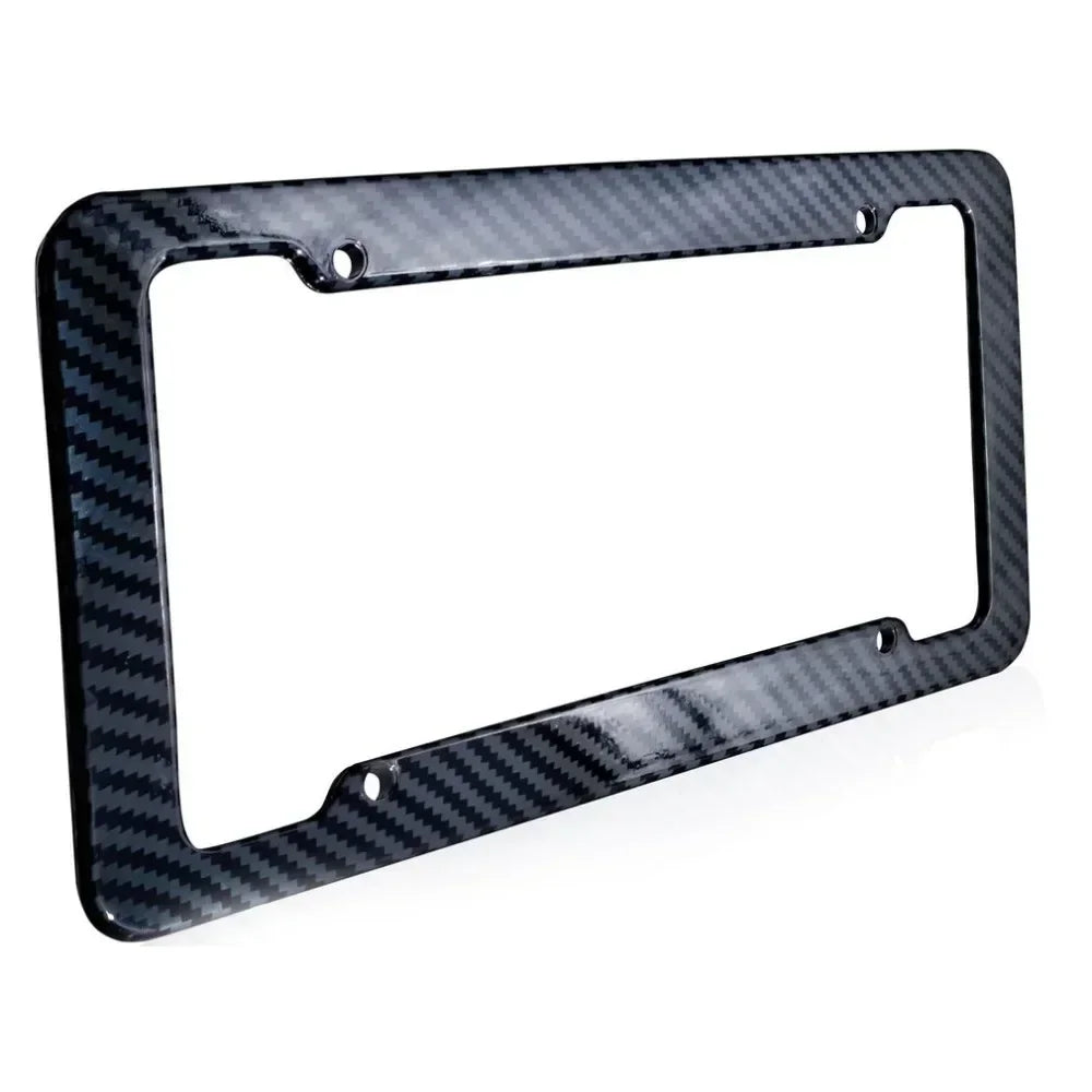 Black Carbon Fiber Pattern Plastic License Plate Frame Fiber Black Aluminum Metal Car Tag Holder Tire Screw Cap Universal Amagi