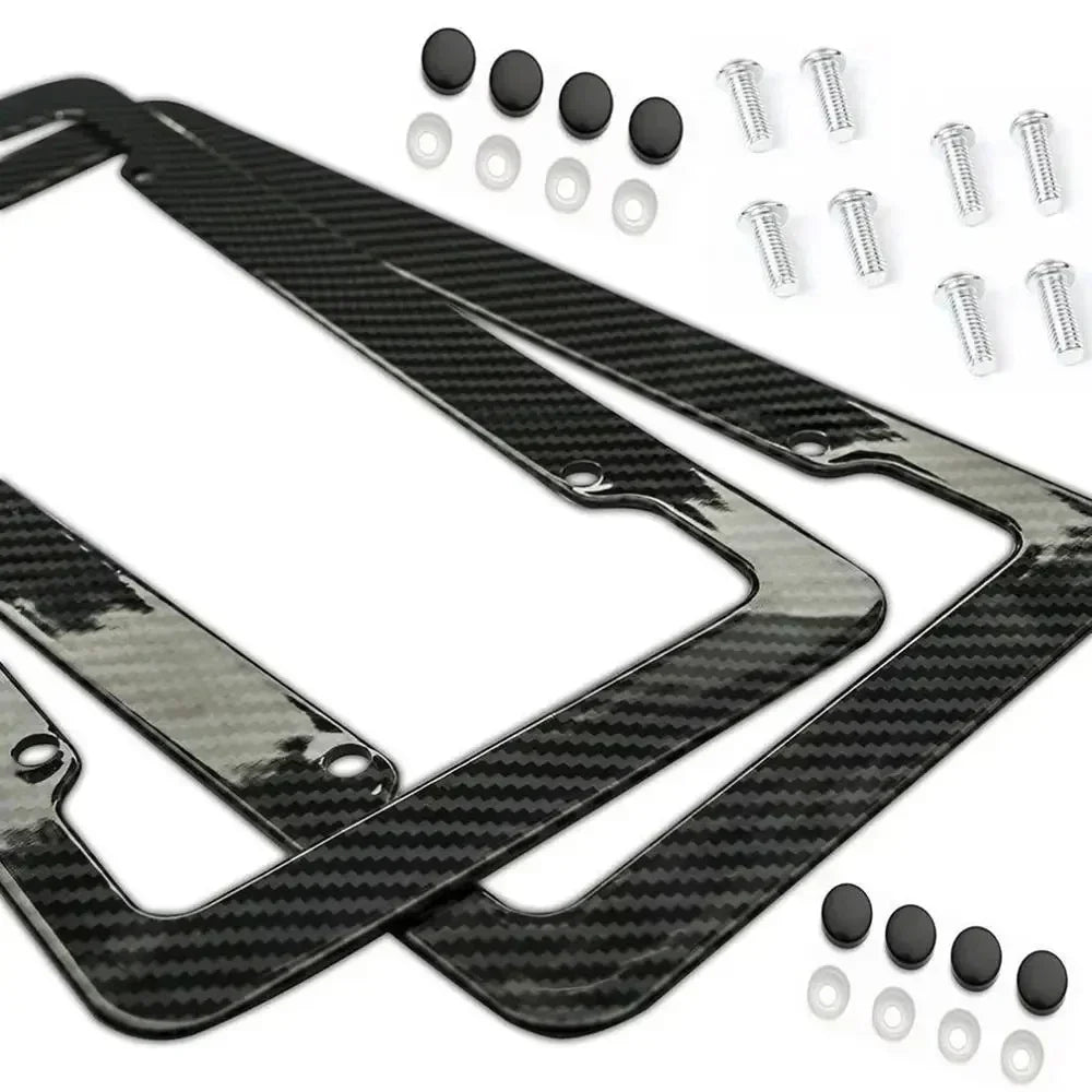 Black Carbon Fiber Pattern Plastic License Plate Frame Fiber Black Aluminum Metal Car Tag Holder Tire Screw Cap Universal Amagi