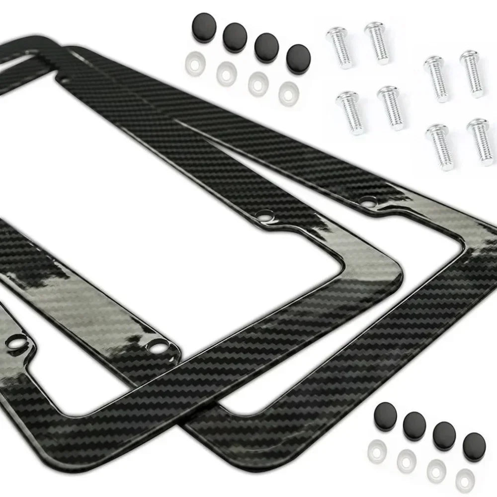 Black Carbon Fiber Pattern Plastic License Plate Frame Fiber Black Aluminum Metal Car Tag Holder Tire Screw Cap Universal Amagi