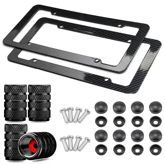 Black Carbon Fiber Pattern Plastic License Plate Frame Fiber Black Aluminum Metal Car Tag Holder Tire Screw Cap Universal Amagi