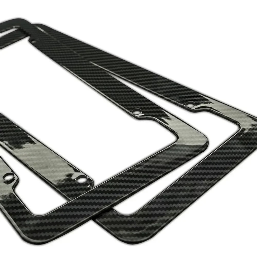 Black Carbon Fiber Pattern Plastic License Plate Frame Fiber Black Aluminum Metal Car Tag Holder Tire Screw Cap Universal Amagi