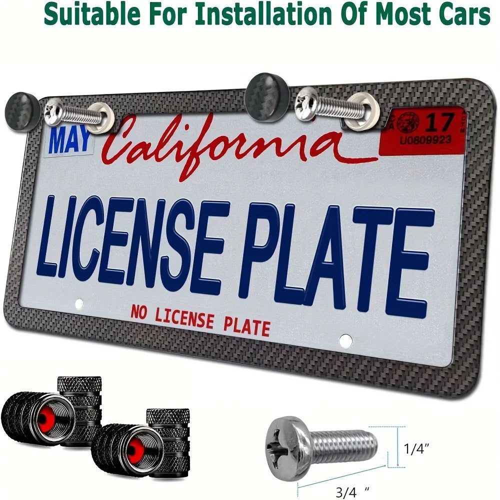Black Carbon Fiber Pattern Plastic License Plate Frame Fiber Black Aluminum Metal Car Tag Holder Tire Screw Cap Universal Amagi