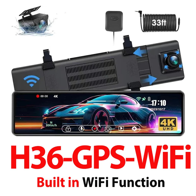 12" 4K Mirror Dash Cam IMX589 Front and Rear Dual Camera Built in WiFi GPS Night Vision Loop Record Parking Monitor Touch Screen
