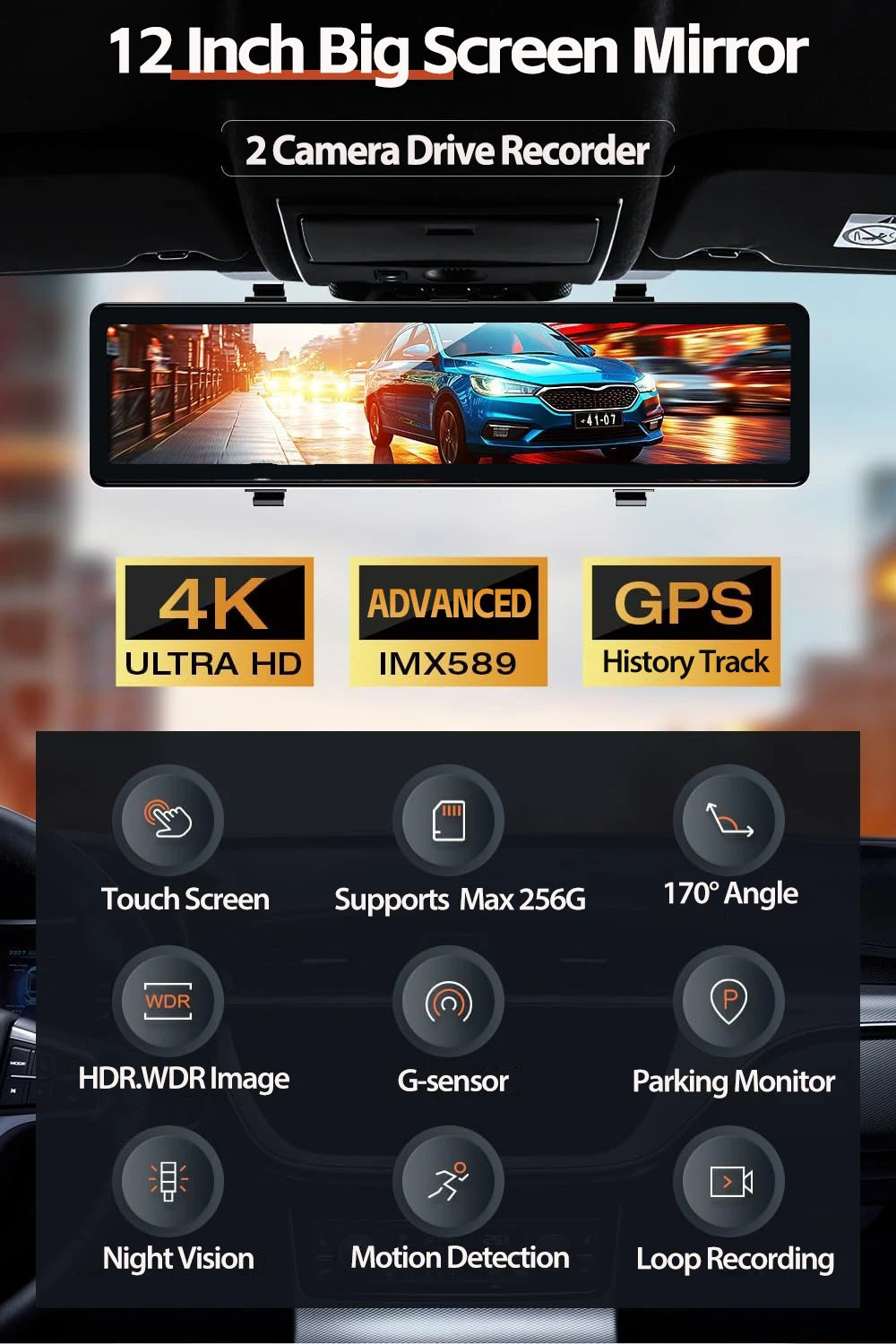 12" 4K Mirror Dash Cam IMX589 Front and Rear Dual Camera Built in WiFi GPS Night Vision Loop Record Parking Monitor Touch Screen