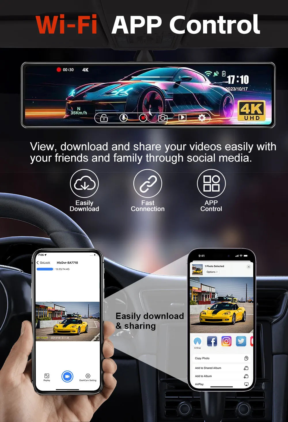 12" 4K Mirror Dash Cam IMX589 Front and Rear Dual Camera Built in WiFi GPS Night Vision Loop Record Parking Monitor Touch Screen
